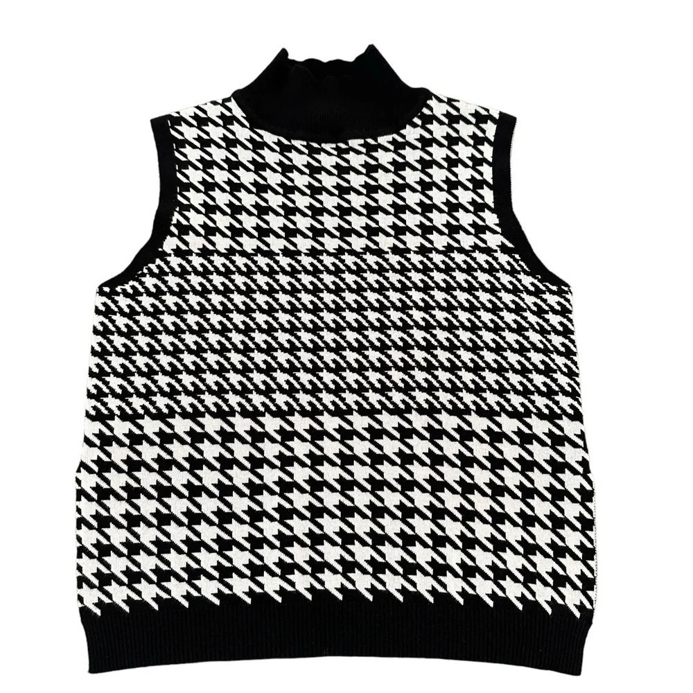 Shein‎ size XS Black White Houndstooth Mockneck Sweater Vest Preppy Career Work